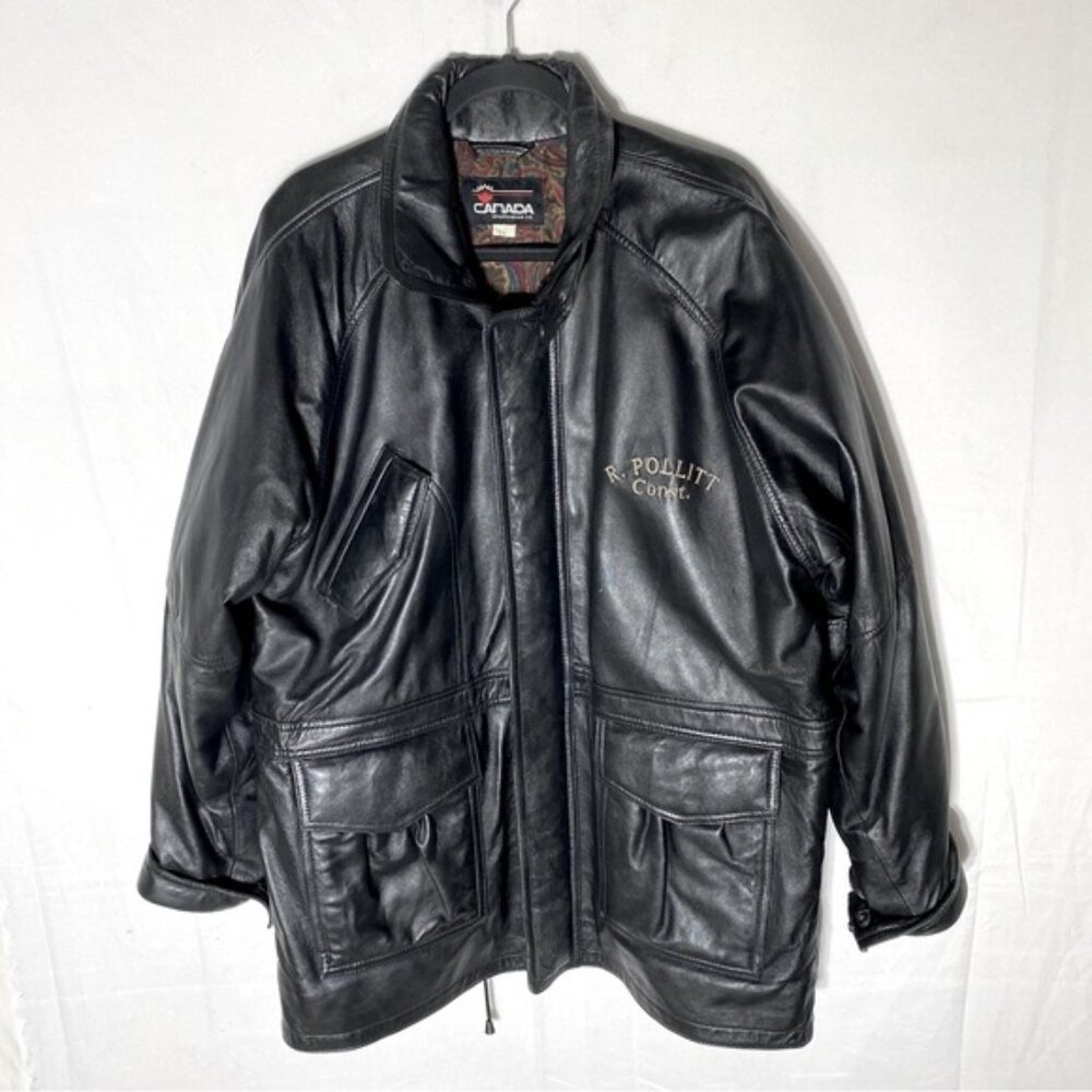 Vintage Canada Sportswear Black Lamb Leather Coat W Drawstring Waist L